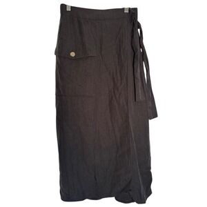 NINE WEST Black Wrap Midi Skirt Cargo Pocket Tie Waist Linen Blend XS